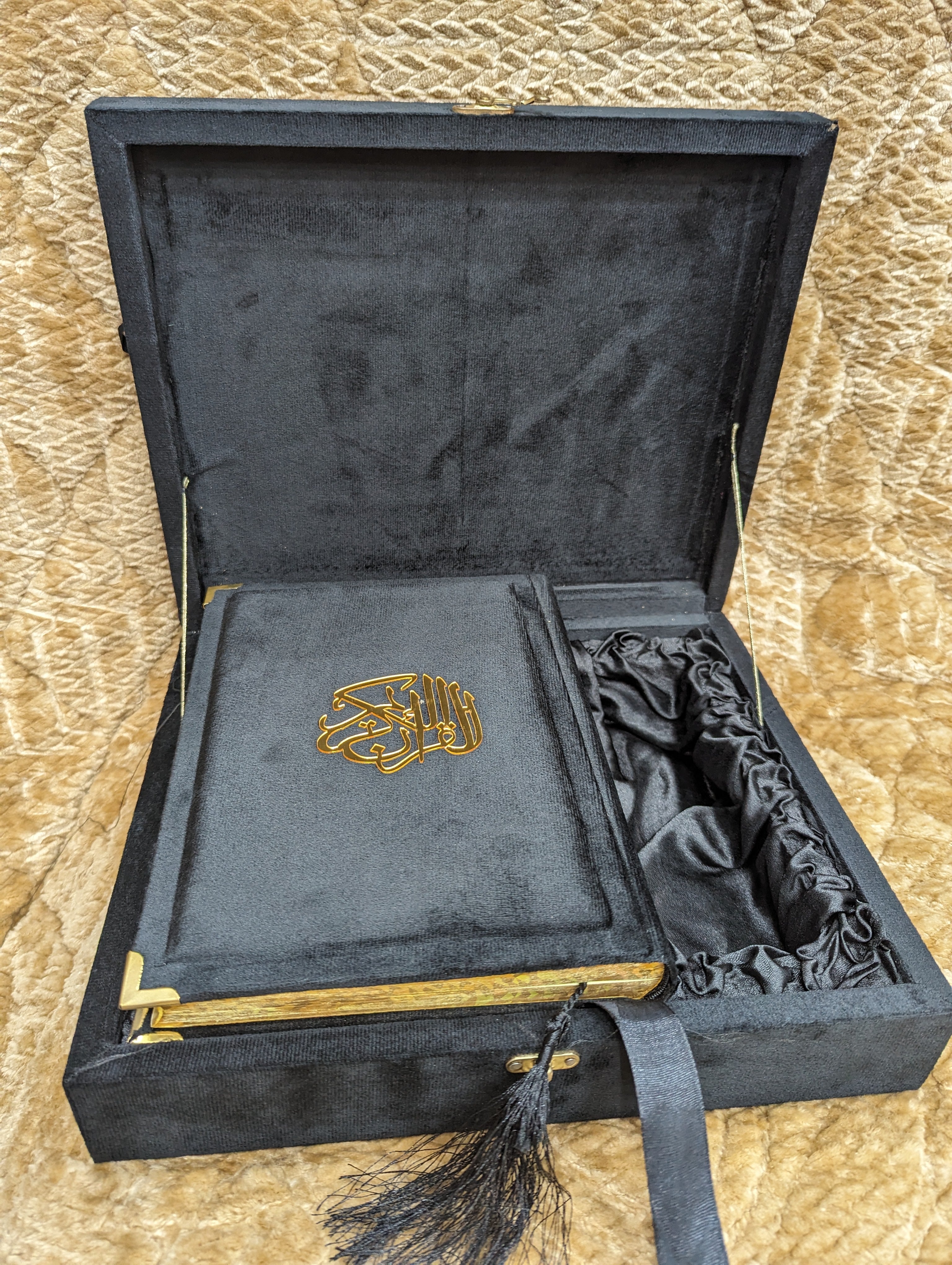 Luxurious Black Velvet Quran Pak with Golden Accents