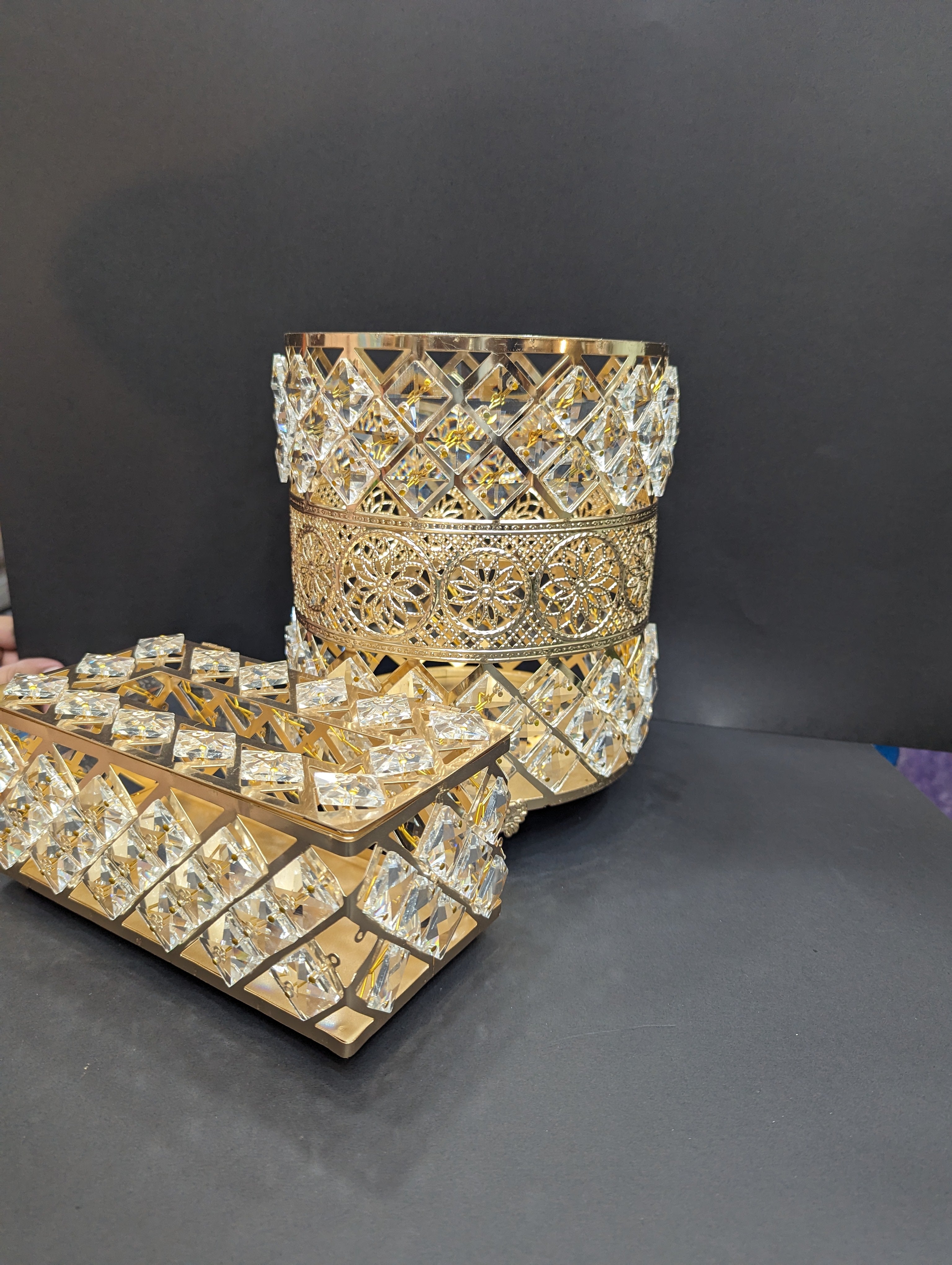 Luxurious Crystal and Gold Tissue Box and Dustbin